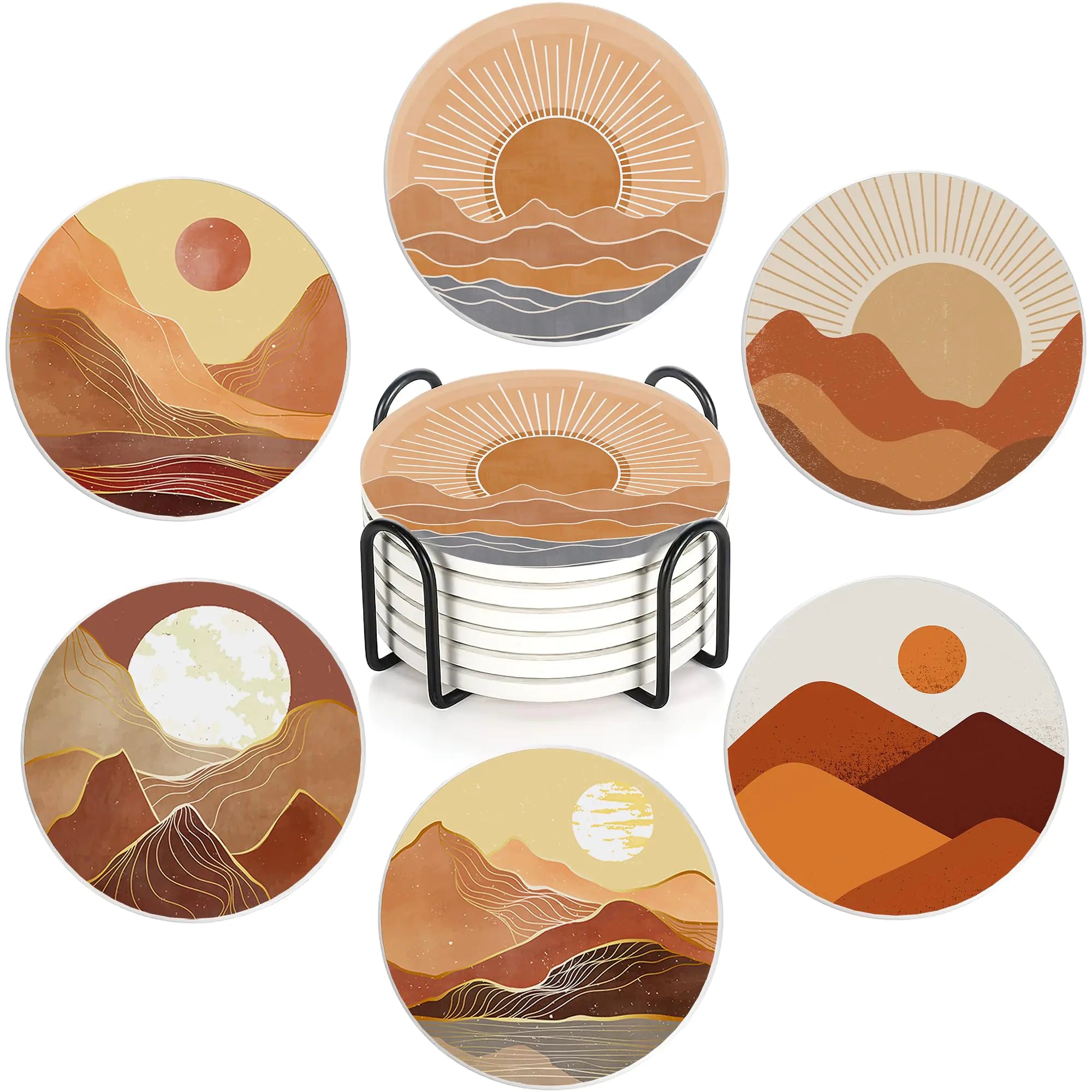6-Pack Boho Mountain Sun Drink Coasters