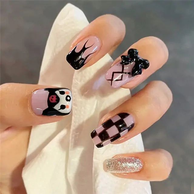 💅 Nail Patch Long Rhinestone Pink Fake Nails Finger Manicure for Women and Girls