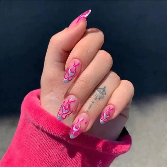 💅 Nail Patch Long Rhinestone Pink Fake Nails Finger Manicure for Women and Girls