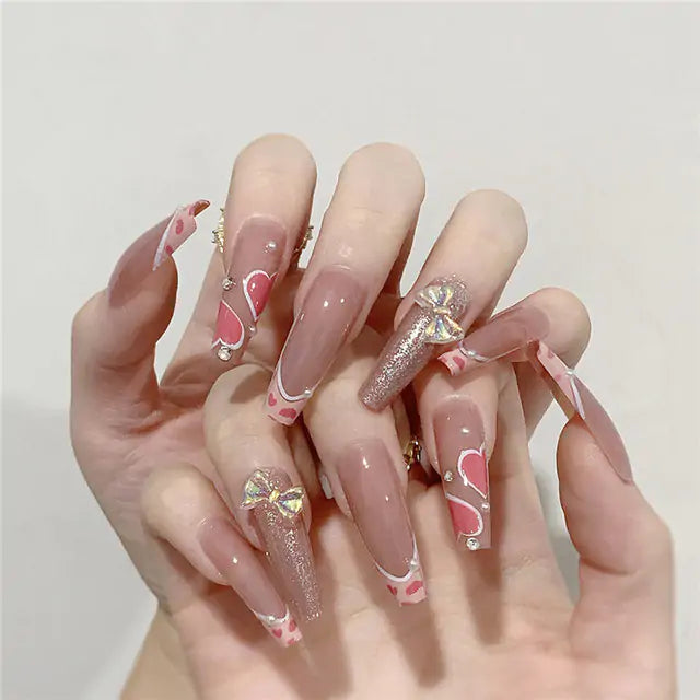 💅 Nail Patch Long Rhinestone Pink Fake Nails Finger Manicure for Women and Girls