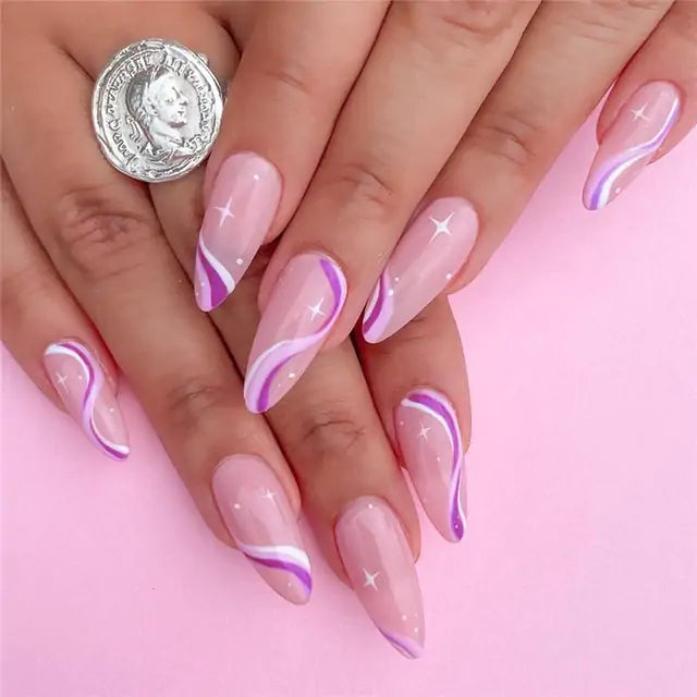 💅 Nail Patch Long Rhinestone Pink Fake Nails Finger Manicure for Women and Girls