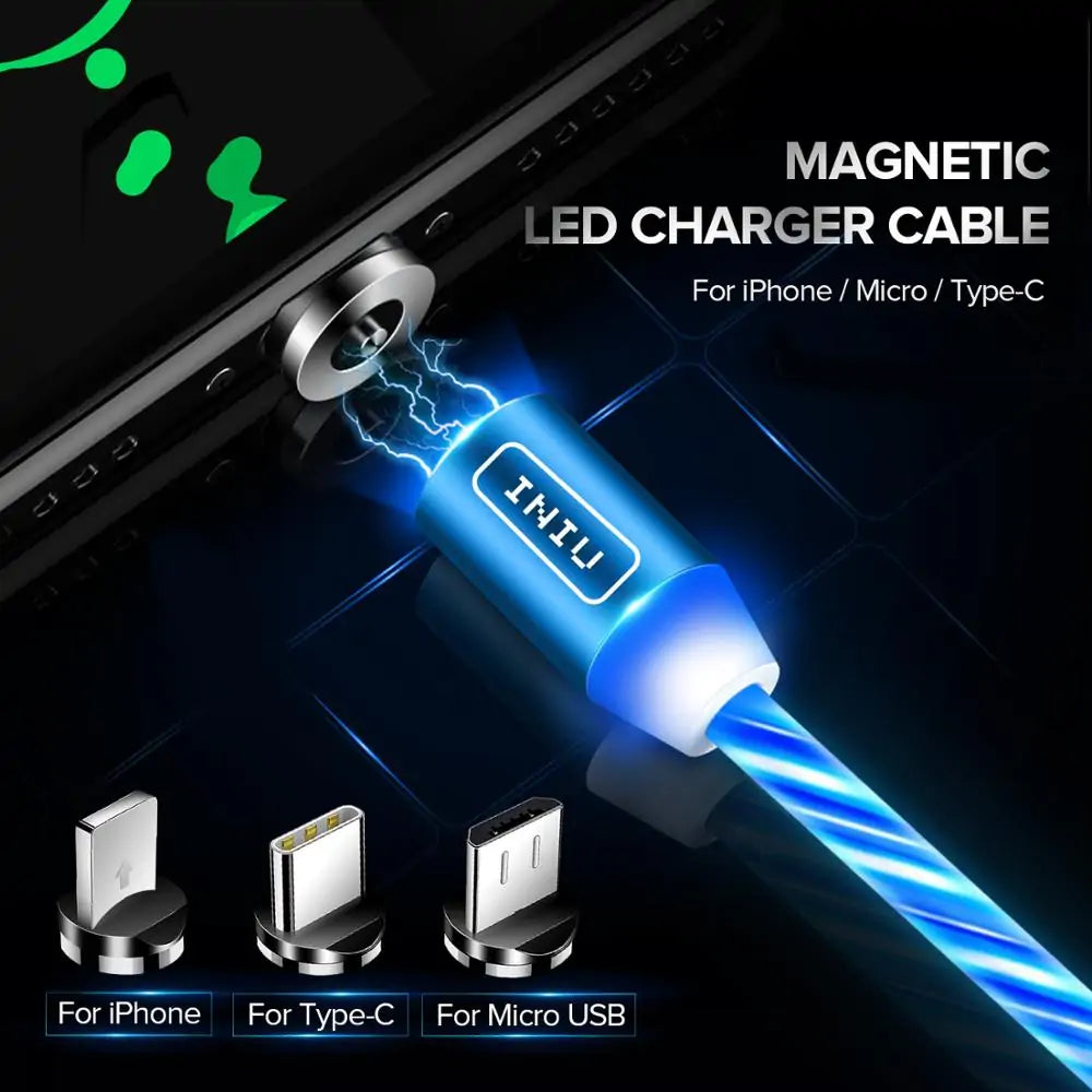 💡 Fast Flow Luminous Lighting Magnetic USB Cable Light Up Shining Charger 3.3ft Phone Charging Cord, 3 in 1 Cable Compatible with i-Products/Micro USB/Type C Fast Charging