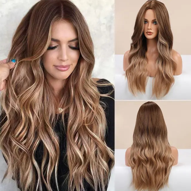 👩‍🦱 Long Natural Hair Wigs Women Synthetic Curly Middle Part Wig Natural Looking Heat Resistant Fibre for Daily Party Use