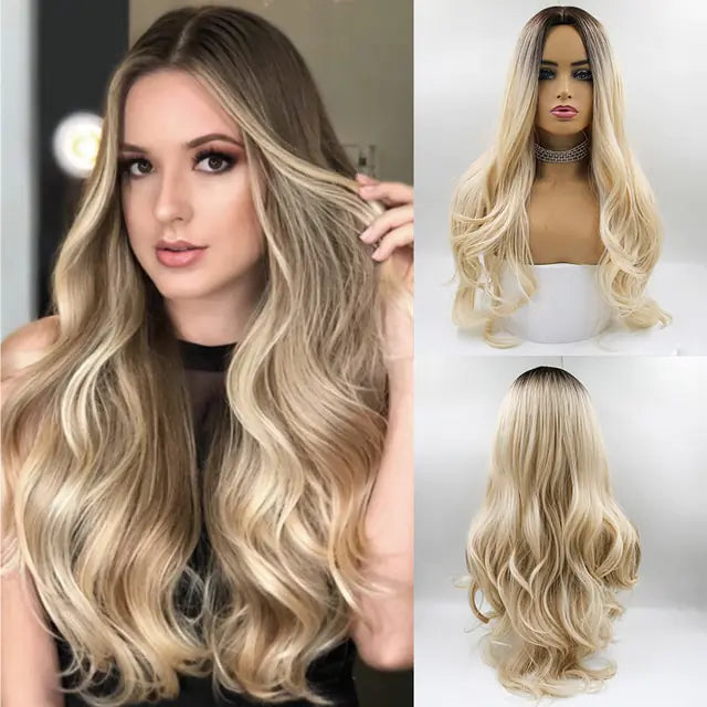 👩‍🦱 Long Natural Hair Wigs Women Synthetic Curly Middle Part Wig Natural Looking Heat Resistant Fibre for Daily Party Use