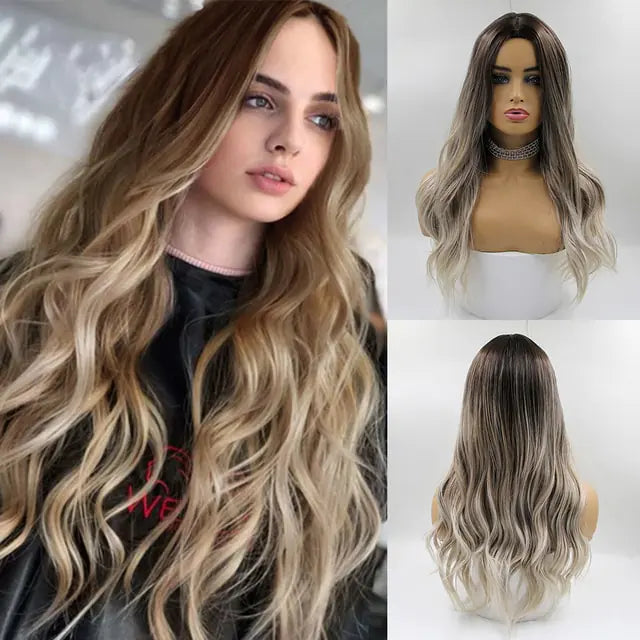 👩‍🦱 Long Natural Hair Wigs Women Synthetic Curly Middle Part Wig Natural Looking Heat Resistant Fibre for Daily Party Use