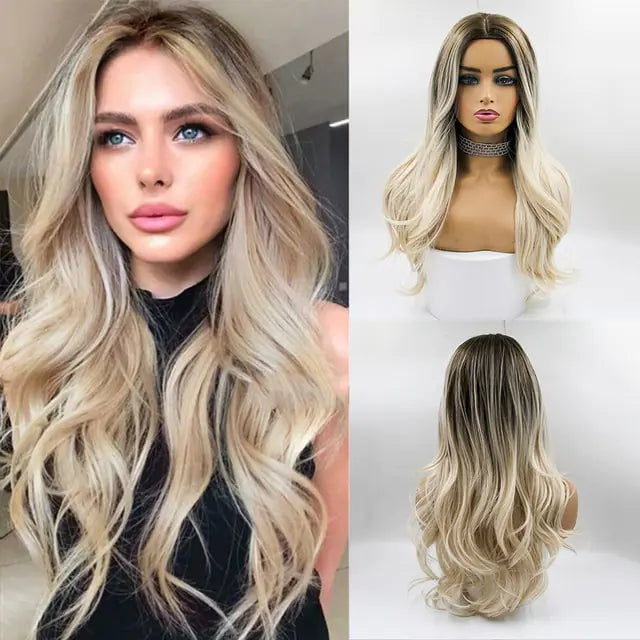 👩‍🦱 Long Natural Hair Wigs Women Synthetic Curly Middle Part Wig Natural Looking Heat Resistant Fibre for Daily Party Use