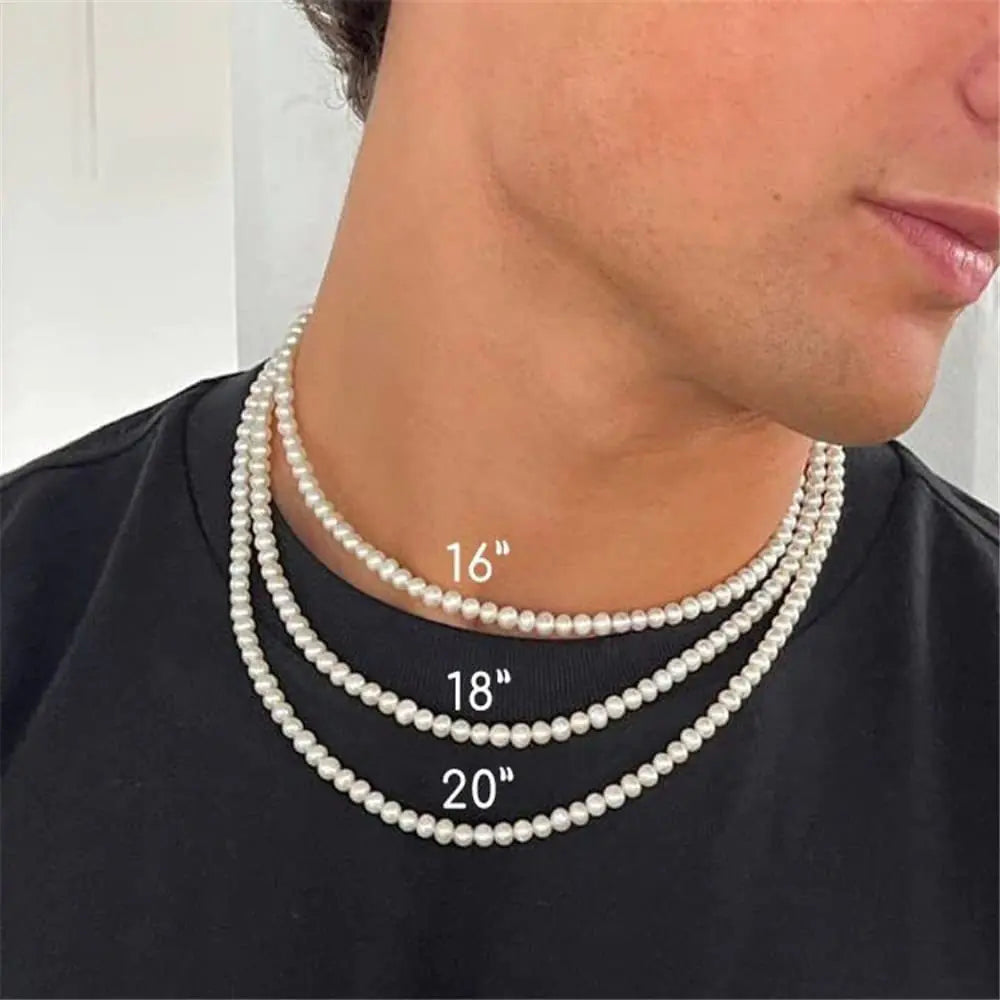 📿 Men's Pearl Necklace Men's Shell Pearl (Man-Made) Necklace with Polished Stainless Steel Artist-Designed Custom Beads