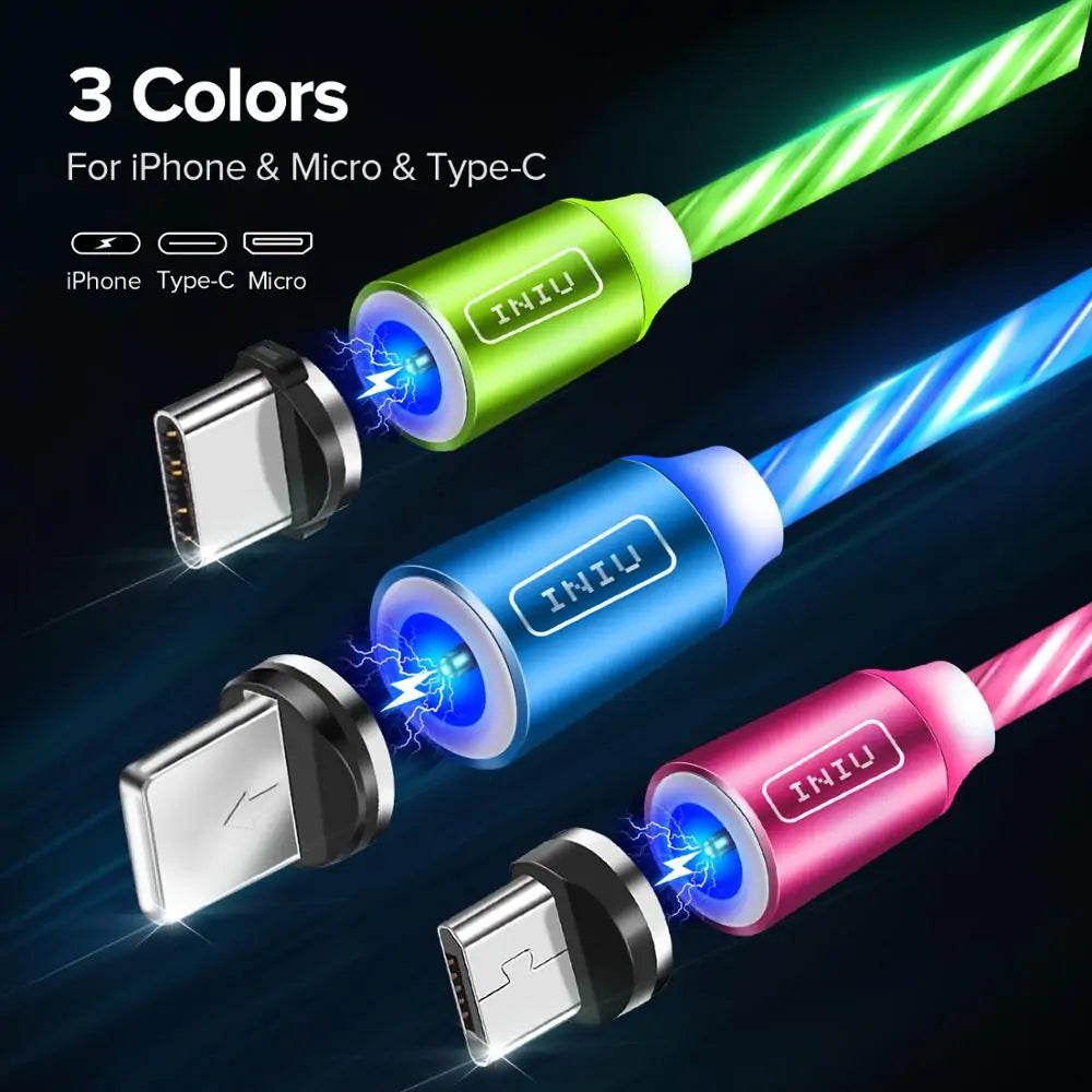 💡 Fast Flow Luminous Lighting Magnetic USB Cable Light Up Shining Charger 3.3ft Phone Charging Cord, 3 in 1 Cable Compatible with i-Products/Micro USB/Type C Fast Charging