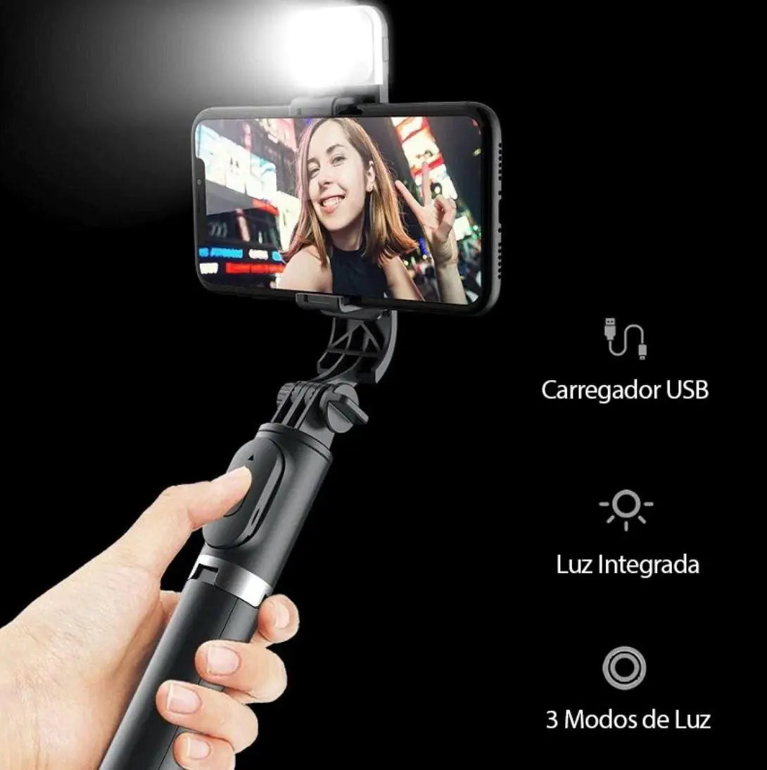 📸 4-in-1 Selfie Tripod With Integrated Light - Selfie 360 Extendable and Portable Stable Tripod Stand Holder with Detachable Wireless Remote Compatible with 4.7-6.5" iPhone, Android Phones, Black