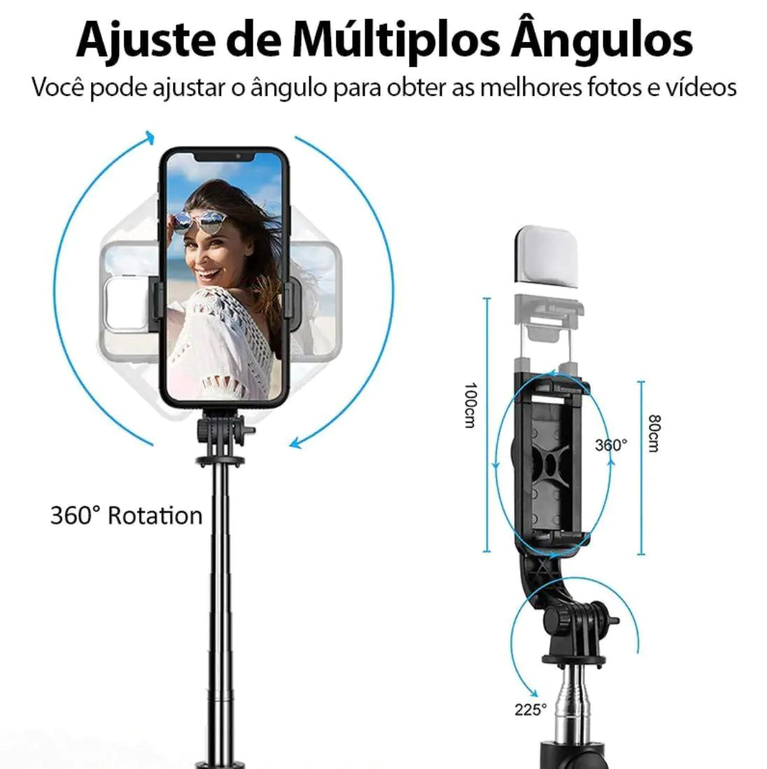 📸 4-in-1 Selfie Tripod With Integrated Light - Selfie 360 Extendable and Portable Stable Tripod Stand Holder with Detachable Wireless Remote Compatible with 4.7-6.5" iPhone, Android Phones, Black