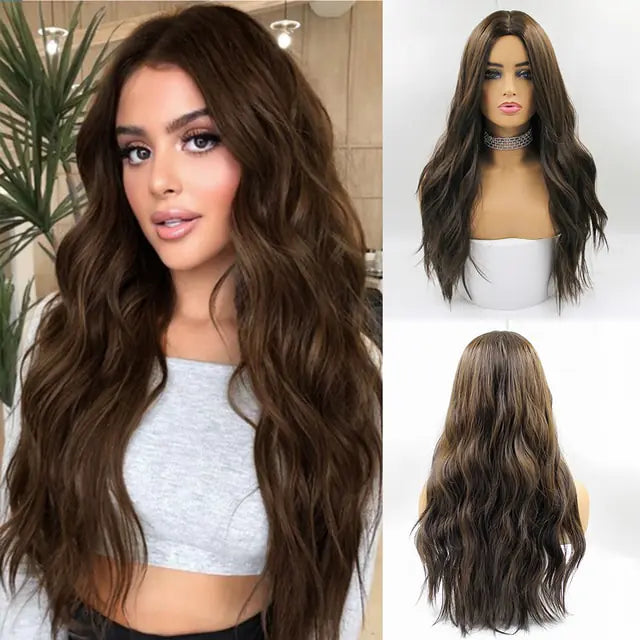 👩‍🦱 Long Natural Hair Wigs Women Synthetic Curly Middle Part Wig Natural Looking Heat Resistant Fibre for Daily Party Use